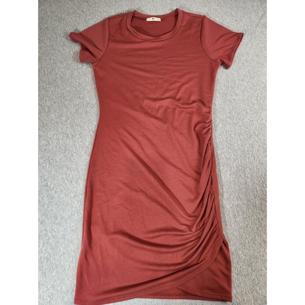 AXIS Rust Ruched Side Bodycon Dress Medium Short Sleeve Stretch‎ Made USA